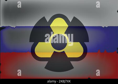 Un signe de danger nucléaire sur le fond du drapeau russe. Signe de contamination radioactive. Drapeau d'Etat de la Fédération de Russie. Symbole d'agressivité Illustration de Vecteur