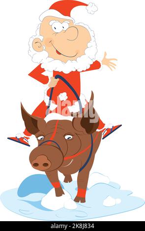 Drôle de Santa Claus sur l'illustration de porc. Le Père Noël cartoon monte sur le cochon souriant isolé sur une illustration blanche Illustration de Vecteur