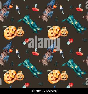 Citrouilles souriantes et maisons fantaisistes aquarelle sans couture motif isolé dans le noir. Petite cabane en forêt, symbole Halloween dessiné à la main. Elément de conception pour Banque D'Images