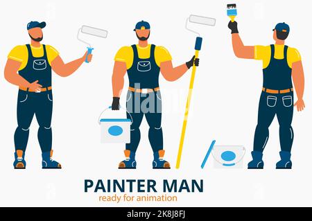 Peintre homme en rouleau de peinture de maintien uniforme Illustration de Vecteur