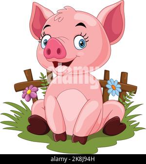 Dessin animé bébé cochon assis dans l'herbe Illustration de Vecteur