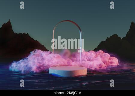 Paysage avec arche de verre et nuage rose, rochers et eau. Banque D'Images