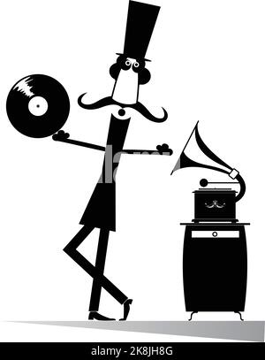 Illustration d'un lecteur de disques MAN et rétro. Drôle de moustache homme dans le chapeau est à l'écoute de la musique de vintage record joueur isolé sur blanc Illustration de Vecteur