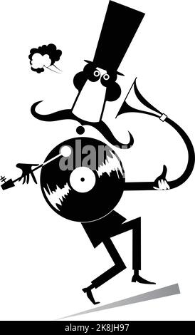 Drôle de moustached homme dans le chapeau supérieur écoute de la musique sur l'illustration vintage de décor de joueur de disque Illustration de Vecteur