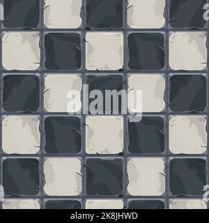 Carreaux noir et blanc de Chessboard, briques fond de jeu dans le style de dessin animé, surface texturée sans couture. Ressource de jeu UI, matériau de route ou de plancher. Illustration vectorielle Illustration de Vecteur