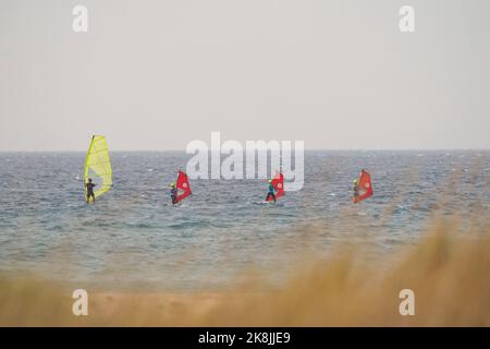 Instructeur de planche à voile donnant des cours aux étudiants de planche à voile, Tarifa, Andalousie, Espagne. Banque D'Images
