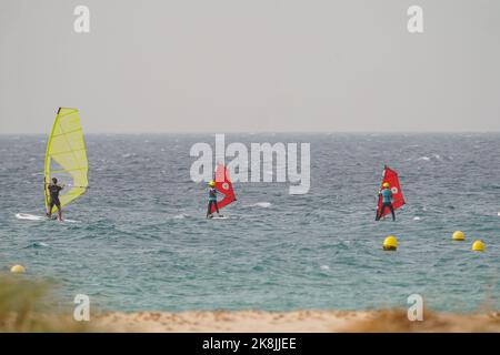 Instructeur de planche à voile donnant des cours aux étudiants de planche à voile, Tarifa, Andalousie, Espagne. Banque D'Images