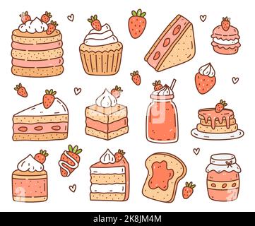 Ensemble mignon avec desserts à la fraise et boissons isolées sur fond blanc. Illustration vectorielle dessinée à la main, style doodle. Parfait pour les cartes, le logo, les décorations, le menu, les autocollants, divers modèles. Illustration de Vecteur