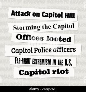 Les gros titres de l'ACTUALITÉ DE L'ATTAQUE du Capitole. Coupures de presse sur les tempêtes de Capitol Hill et de Capitol Riot. Illustration de Vecteur