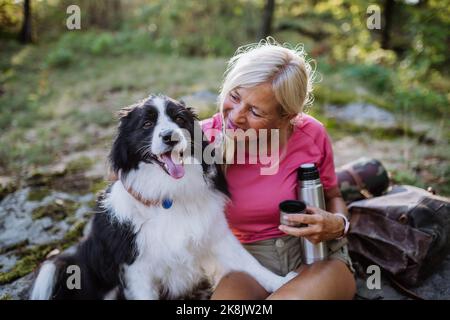 Femme sénior ayant fait une pause pendant la marche de son chien dans la forêt. Banque D'Images