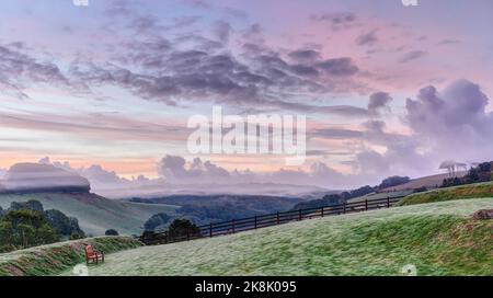 Une vue très paisible sur le jardin à une belle pause de jour par la côte à Looe dans les Cornouailles, le nuage bas et la brume donnent l'atmosphère et la rosée du paysage. Banque D'Images