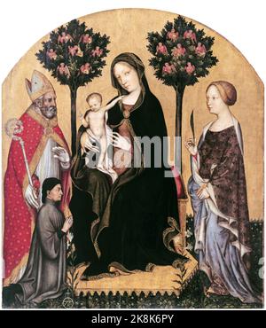 Mary Enthroned avec l'enfant, les saints et un donneur, peinture dans l'huile sur bois par Gentile da Fabriano, vers 1400 Banque D'Images