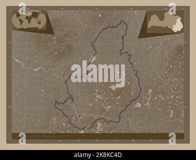 Latgale, province de Lettonie. Carte d'altitude colorée en tons sépia avec lacs et rivières. Cartes d'emplacement auxiliaire d'angle Banque D'Images