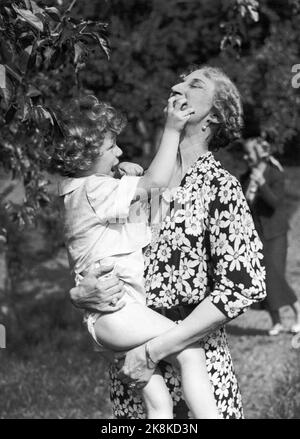 Getå, Åby, Suède 19370818. Les enfants royaux belges à Fridhem. Les enfants du roi Léopold et (décédé) de la reine Astrid sont actuellement à Fridhem, où ils ont de merveilleux jours au soleil et la liberté avec leur grand-mère et grand-père, la princesse Ingeborg et le prince Carl. Sur notre photo, le petit prince Albert (3) (plus tard roi de Belgique) tente de convaincre sa grand-mère que le fruit des pommiers de Freghem est déjà suffisamment mûr pour être mangé. Photo: A.B. texte et images Banque D'Images