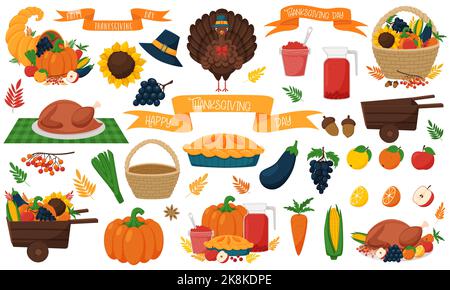 Un ensemble d'éléments et de compositions avec des symboles de Thanksgiving. Dinde, panier de légumes et de fruits, cornucopia, ruban de fête. Vecteur de dessin il Illustration de Vecteur