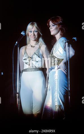 Oslo 1977-01-28: Le groupe pop suédois ABBA lance sa tournée de concert avec un concert à Ekeberghallen, 28 janvier 1977. ABBA se compose d'Anni-Frid Lyngstad (Frida), Agnetha Fältskog, Björn Ulvaeus et Benny Andersson. Photo: Oddvar Walle Jensen / NTB / NTB Banque D'Images