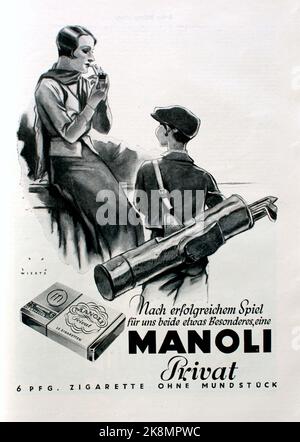 Anzeige der Manoli Zigarettenfabrik Berlin aus dem Jahr 1933 für Zigaretten der Marke 'Manoli privat', die „Meisterzigarette ohne Mundstück“, gestaltet von Jupp Wiertz (1888-1939). Publicité de l'usine de cigarettes Manoli, Berlin à partir de 1933 pour leur marque 'Manoli privat', conçue par Jupp Wiertz (1888-1939) Banque D'Images