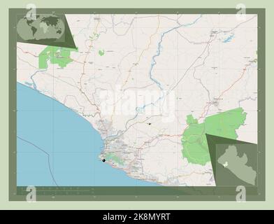 Montserrado, comté du Libéria. Ouvrez la carte des rues. Lieux des principales villes de la région. Cartes d'emplacement auxiliaire d'angle Banque D'Images