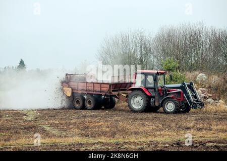 Le tracteur utilise une grande quantité de fumier de la remorque d'épandage pour disperser le fumier de cheval chaud à la vapeur sur le terrain agricole en automne pour l'engrais naturel. Banque D'Images