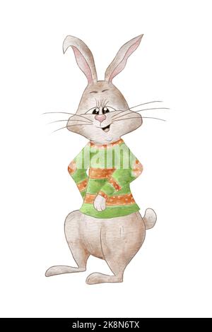 Drôle de lapin aquarelle dans un chandail de Noël. Illustration du lapin isolé sur fond blanc. Illustration pour enfants d'un PET. Animal. Gris Banque D'Images