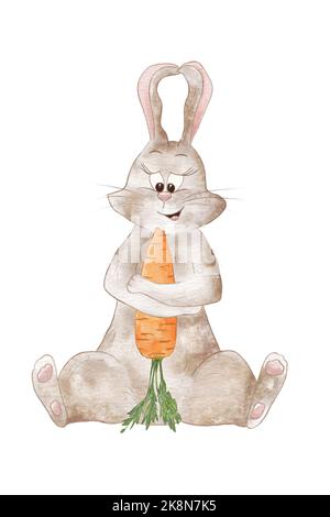 Lapin Aquarelle drôle avec un Carrot. Illustration du lapin isolé sur fond blanc. Illustration pour enfants d'un PET. Animal. Lapin gris. Banque D'Images