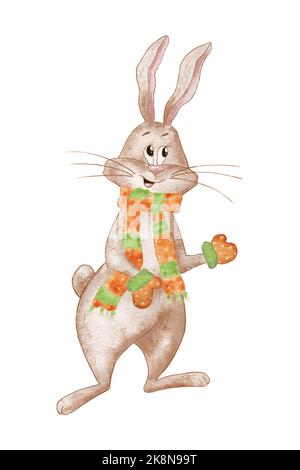 Lapin aquarelle drôle en écharpe et moufles. Illustration du lapin isolé sur fond blanc. Illustration pour enfants d'un PET. Animal. Marron Banque D'Images