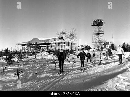 Hakadal 19630113 le nouveau centre de ski de Varingskollen a été ouvert, avec télésiège, sentiers alpins et sentiers de randonnée. Ici depuis le sommet de Varingskollen, où les sentiers de toutes les catégories s'étendent à travers le paysage. En arrière-plan TV. Le café, où la brousse après la couche de couronne orne toujours la pièce. Une tour de feu. Ski touristes dans la piste. Photo: Thorberg / NTB / NTB Banque D'Images