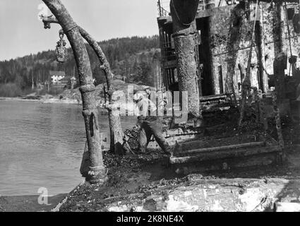 DRØBAK; Fangeskipet Donau som ble senket under krigen av krigsveteranen Max Manus, heves av det tyske bergsselskapet ''Bugsier''. Skipet som fraktet jøder til Tyskland sous krigen, var sous den transporten som Manus og Roy Nielsen klarte šsabbotere, i bruk som transportskip pour tyske soldater som skulle tilbake til Tyskland. Etter hevingen taues skipet til Akers Mekaniske verksted og blir lagt i dokk der. Skipet fikk siden navnet ''Bergensiana'. Oppryddingsarbeid på dekk - med chat og pågangsmot fjerer disse arbeiderne tang, skjell og slam fra vraket. FOTO ; PAR SVENSSON / NTB / NTB Banque D'Images