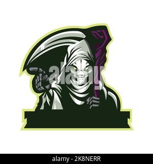 Un logo de jeu de mascotte de crâne de samouraï de Reaper sur fond blanc Illustration de Vecteur