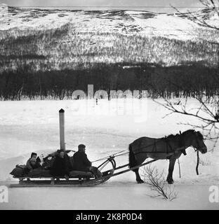 La frontière Jakobselv Pâques 1949 rien de nouveau de la frontière du nord Une bande de neige vierge de 160 kilomètres de la sortie de la frontière Jakobselv à Borderfoss à Pasvikdalen, devient la seule frontière commune entre les pays du Pacte atlantique et l'Union soviétique lorsque la Norvège adhère à l'Alliance A. Le courant est allé le long de la frontière et a parlé aux gens qui y vivent. Famille sur chevaux et traîneaux le long de la frontière. Photo; Sverre A. Børretzen / actuel / NTB Banque D'Images