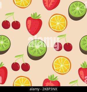 Fond transparent avec divers fruits tropicaux sur blanc. Motif de fruits vectoriels. Citron, fraise, kiwi, orange Illustration de Vecteur