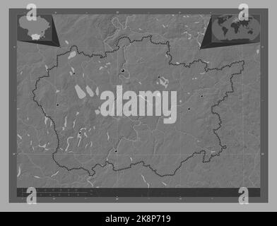 Alytaus, comté de Lituanie. Carte d'altitude à deux niveaux avec lacs et rivières. Lieux des principales villes de la région. Cartes d'emplacement auxiliaire d'angle Banque D'Images