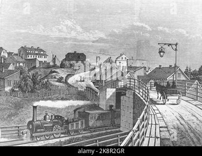 Oslo 19540901. Le chemin de fer célèbre 100 ans en 1954. Le NSB a son anniversaire de 100th. Dessin de l'enfance du chemin de fer. La locomotive passe sous le pont de Galgeberg, vers 1854. Dessins de 'Illustrated Newsblad' et 'Almuevennen' / NTB Banque D'Images