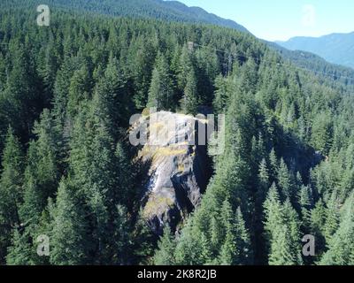 Vue panoramique sur un pic rocheux entouré d'une forêt de pins Banque D'Images