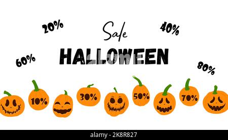 Bannière de la promotion d'Halloween. Citrouilles plates vectorielles aux visages effrayants et brillants. Design pour affiche, bannière, prospectus. Illustration de Vecteur