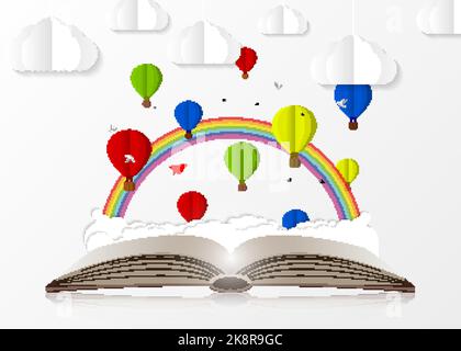 Livre ouvert avec ballons à air chaud. Style de papier. Illustration vectorielle Illustration de Vecteur