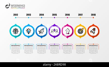 Modèle de conception graphique. Concept de chronologie avec 7 étapes. Peut être utilisé pour la mise en page de flux de travail, le diagramme, la bannière, la conception Web. Illustration vectorielle Illustration de Vecteur