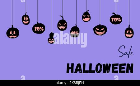 Bannière de la promotion d'Halloween. Citrouilles plates vectorielles aux visages effrayants. Design pour affiche, bannière, prospectus. Illustration de Vecteur