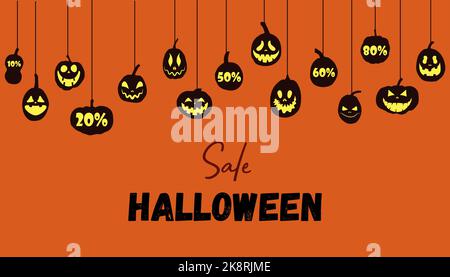 Bannière de la promotion d'Halloween. Citrouilles plates vectorielles aux visages effrayants. Design pour affiche, bannière, prospectus. Illustration de Vecteur