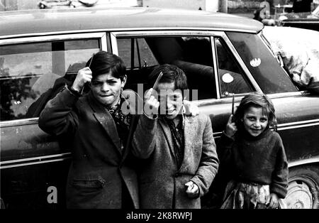 Oslo juin 1968 près d'une centaine de Tsiganes sont venus à Oslo au printemps 1968. Ils se sont vu attribuer une place sur la parcelle de gaz à Oslo est. Les enfants s'ornent pour le photographe, parcourant leurs cheveux. Photo: Sverre A. Børretzen / actuel / NTB Banque D'Images