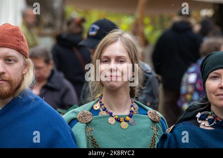 Réacteur ou réacteur au marché de l'âge de fer de Pukkisaari reconstitution ou reconstitution dans le district de Vähä-Meilahti à Helsinki, en Finlande Banque D'Images