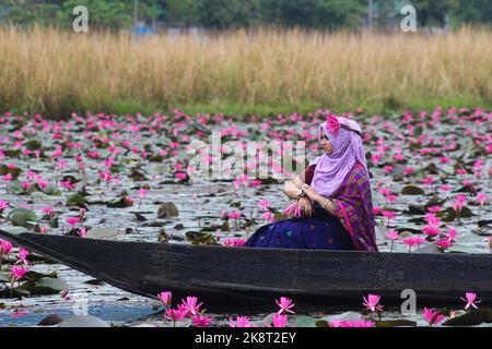 Sylhet, Bangladesh. 24th octobre 2022. 23 octobre 2022, Sylhet, Bangladesh : les visiteurs qui apprécient le bateau pendant la journée découverte à Jaintapur Dibir Hor de Sylhet, tandis que la tempête cyclonique Sitrang provoque de la pluie à Dhaka et dans d'autres parties du pays. Dibir Haor est connu comme Royaume de Shabla pour les voyageurs. Ici, au début du mois bengali d'Hemanta, de nombreuses fleurs rouges de Shabla ont fleuri dans ce Haor qui, sur la rive des collines de Meghalaya. Sur 23 octobre 2022 à Sylhet, Bangladesh. (Photo de MD Rafayat Haque Khan/ Groupe Eyepix/Sipa USA) crédit: SIPA USA/Alay Live News Banque D'Images