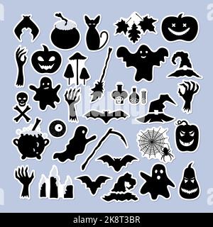 Un ensemble d'autocollants noirs pour Halloween. Illustration de Vecteur
