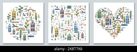 Un triptyque de compositions avec de mignons maisons européennes, arbres, ponts. Illustration aquarelle. Pour la conception et la décoration des imprimés, des affiches Banque D'Images