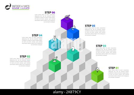 Modèle de conception graphique. Concept créatif en 6 étapes. Peut être utilisé pour la mise en page de flux de travail, le diagramme, la bannière, la conception Web. Illustration vectorielle Illustration de Vecteur