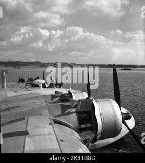 La côte norvégienne Mai 1947: La compagnie d'aviation norvégienne 'Flying Hurtigrute' a eu son premier voyage d'essai Oslo-Tromsø-Oslo 1 et 2 mai avec l'hydravion Kvitbjørn. Le personnel actuel s'est joint à la visite. Ici de Sola Sjøflyhavn. Hélice. Photo : Th. Scotaam / courant / NTB Banque D'Images