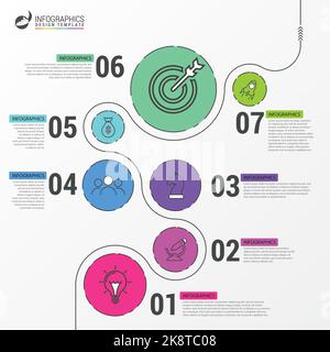 Modèle de conception graphique. Concept de chronologie avec 7 étapes. Peut être utilisé pour la mise en page de flux de travail, le diagramme, la bannière, la conception Web. Illustration vectorielle Illustration de Vecteur