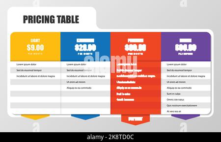 Modèle de conception graphique. Concept de table de tarification. Peut être utilisé pour la mise en page de flux de travail, le diagramme, la bannière, la conception Web. Illustration vectorielle Illustration de Vecteur