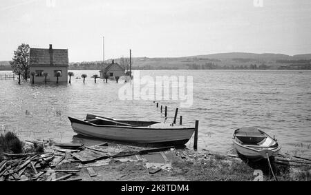 Lillestrøm 19670603 inondation mettre de grandes parties de Lillestrøm sous l'eau. Plus de 15 000 personnes ont été blessées après l'inondation. Ici une maison résidentielle entourée d'eau de tous les côtés. Le bateau à rames semble être le moyen d'accès le plus sûr à Lillestrøm de nos jours. Photo: Sverre A. Børretzen / actuel / NTB Banque D'Images