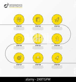 Modèle de conception graphique. Concept de chronologie avec 9 étapes. Peut être utilisé pour la mise en page de flux de travail, le diagramme, la bannière, la conception Web. Illustration vectorielle Illustration de Vecteur